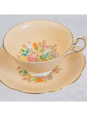VINTAGE FOLEY English China Teacup and Saucer PEACH MULTI COLOURED FLORA…
